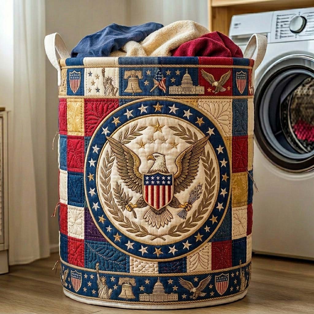 Quilted Laundry Basket Patriot Circle Crest