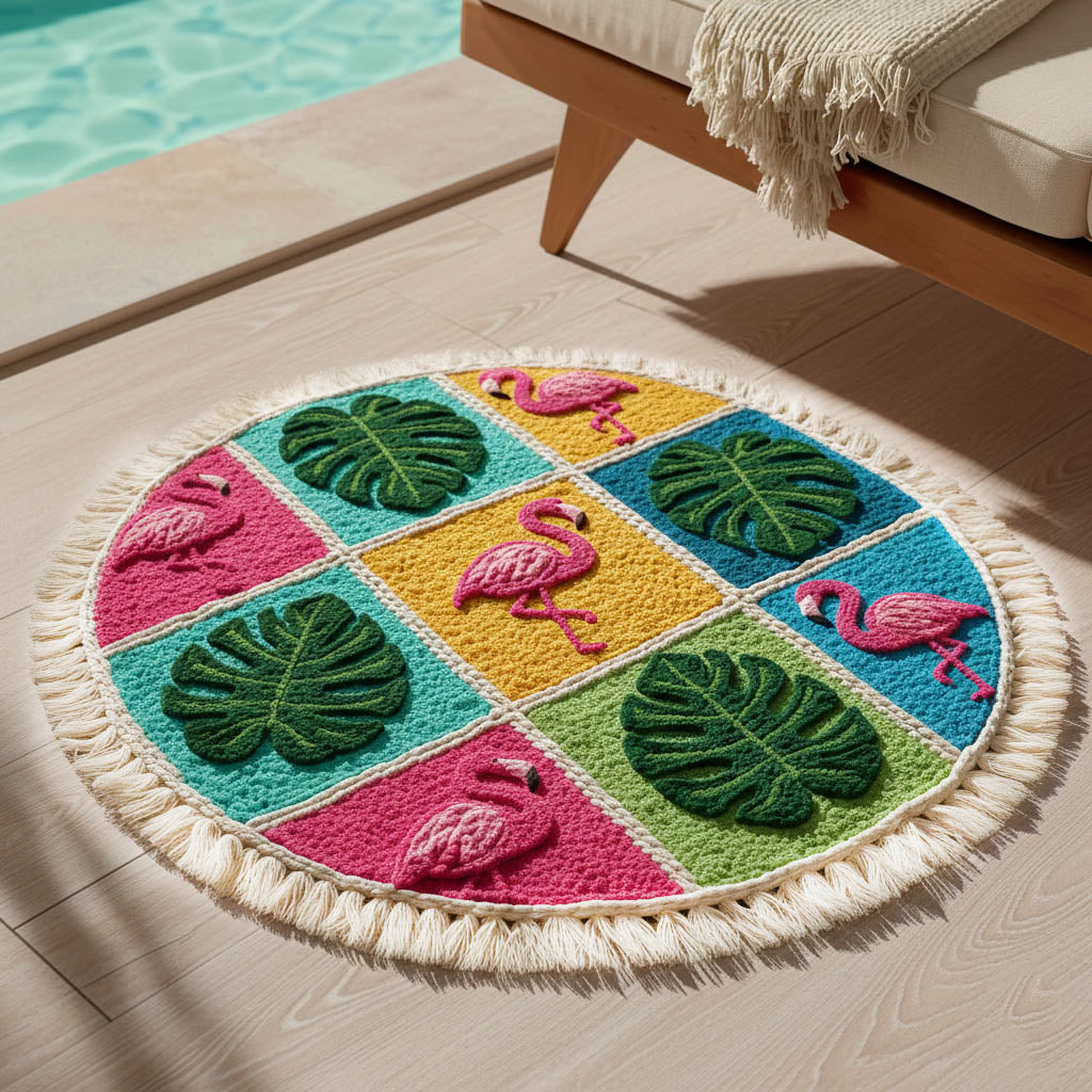 Round Tropical Flamingo Beach Towel