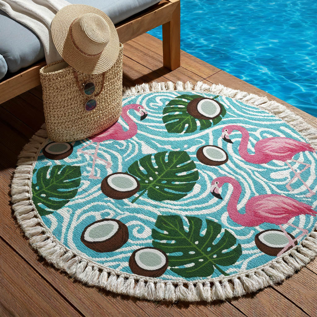 Round Tropical Flamingo Beach Towel