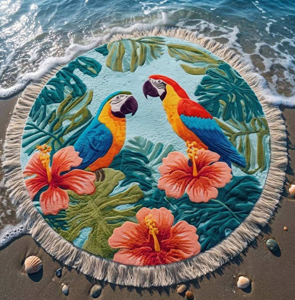 Round Beach Towel with Tropical Parrots