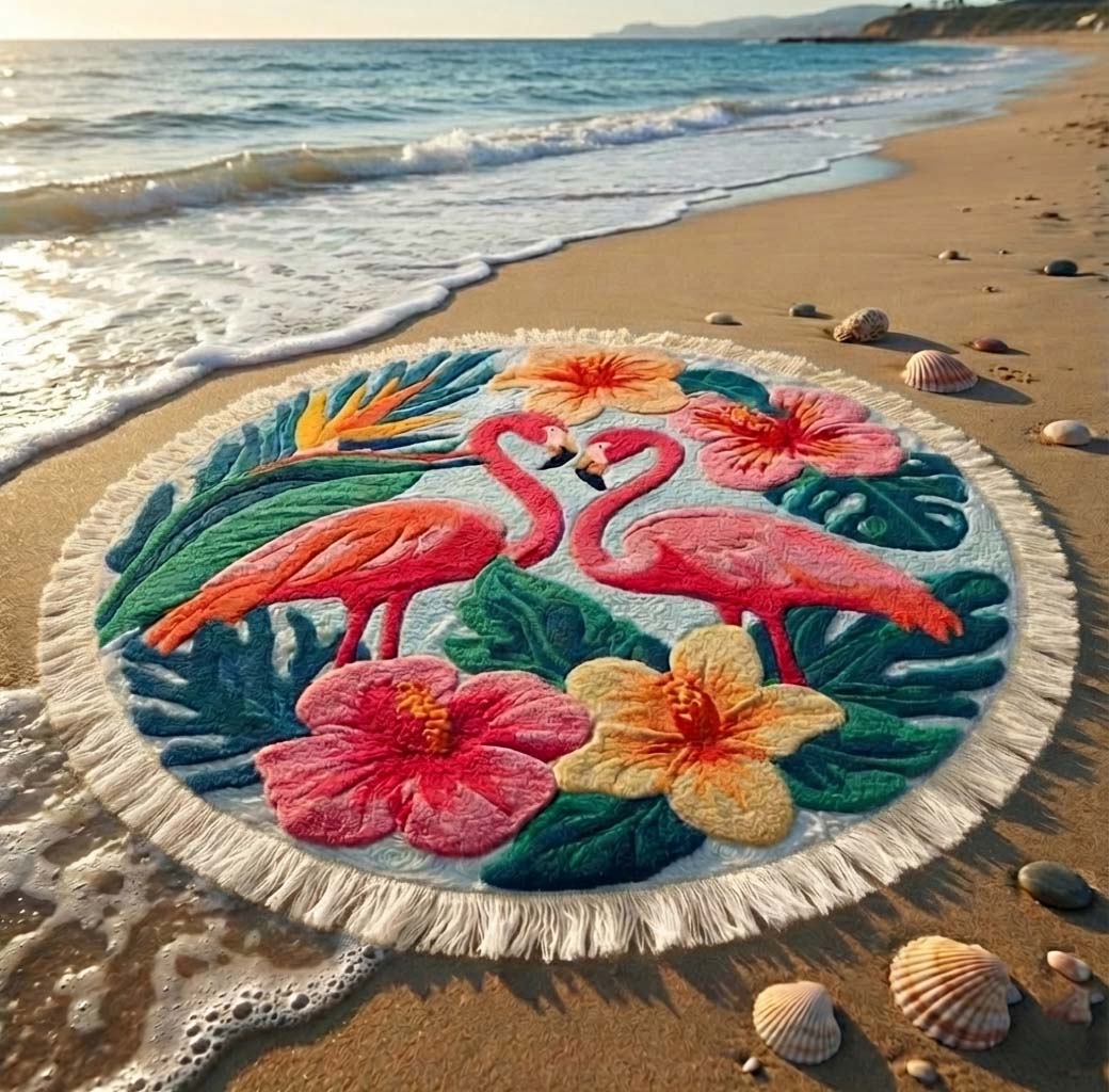 Round Beach Towel Pink Flamingo