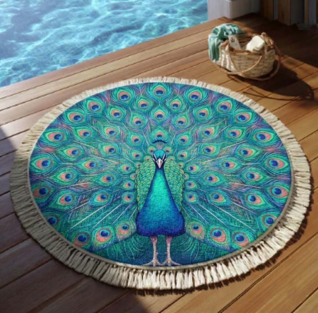 Round Peacock Beach Towel