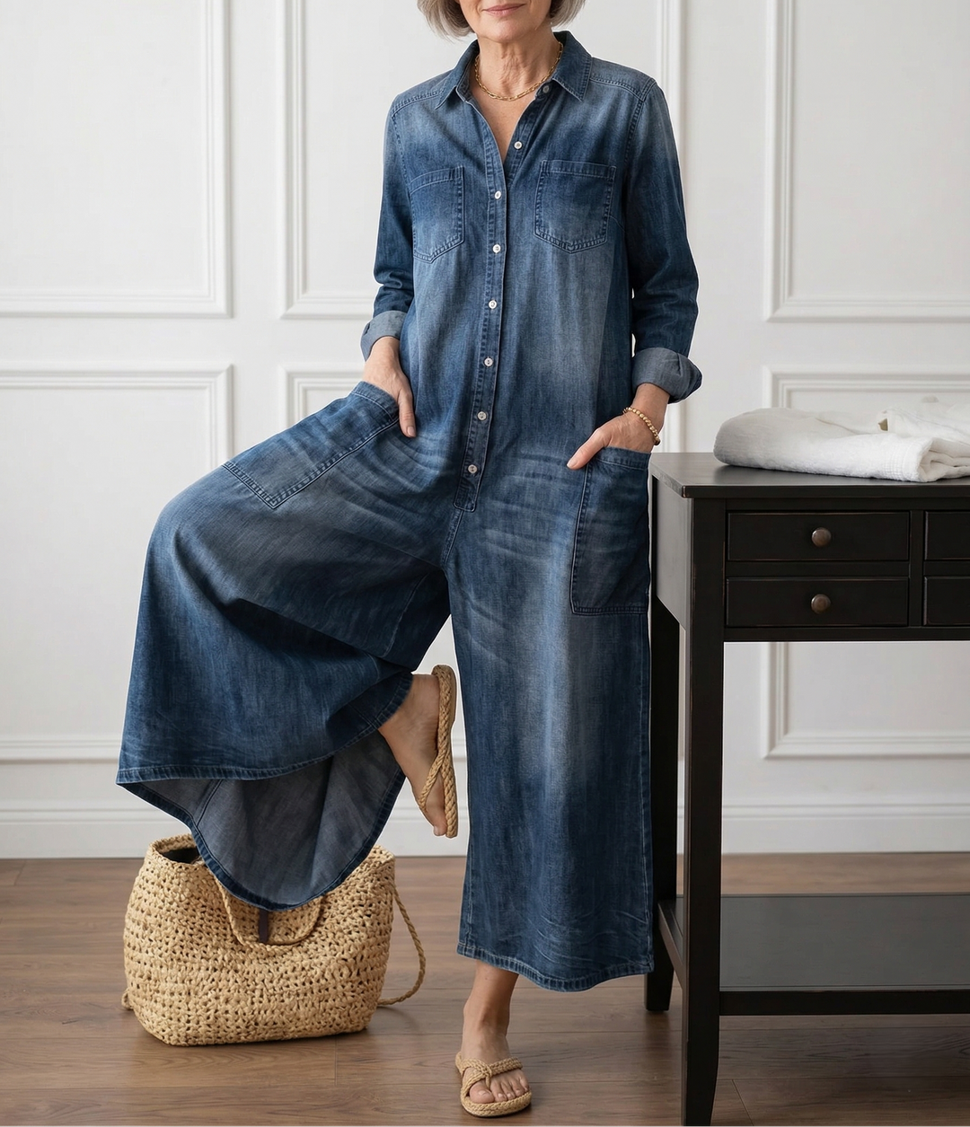 Lorelie | Vintage Washed Soft Cotton Denim Jumpsuit with Button Closure