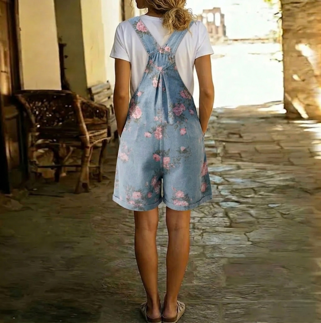 Lorenn | Vintage Washed Soft Cotton Feel Denim Floral Jumpsuit