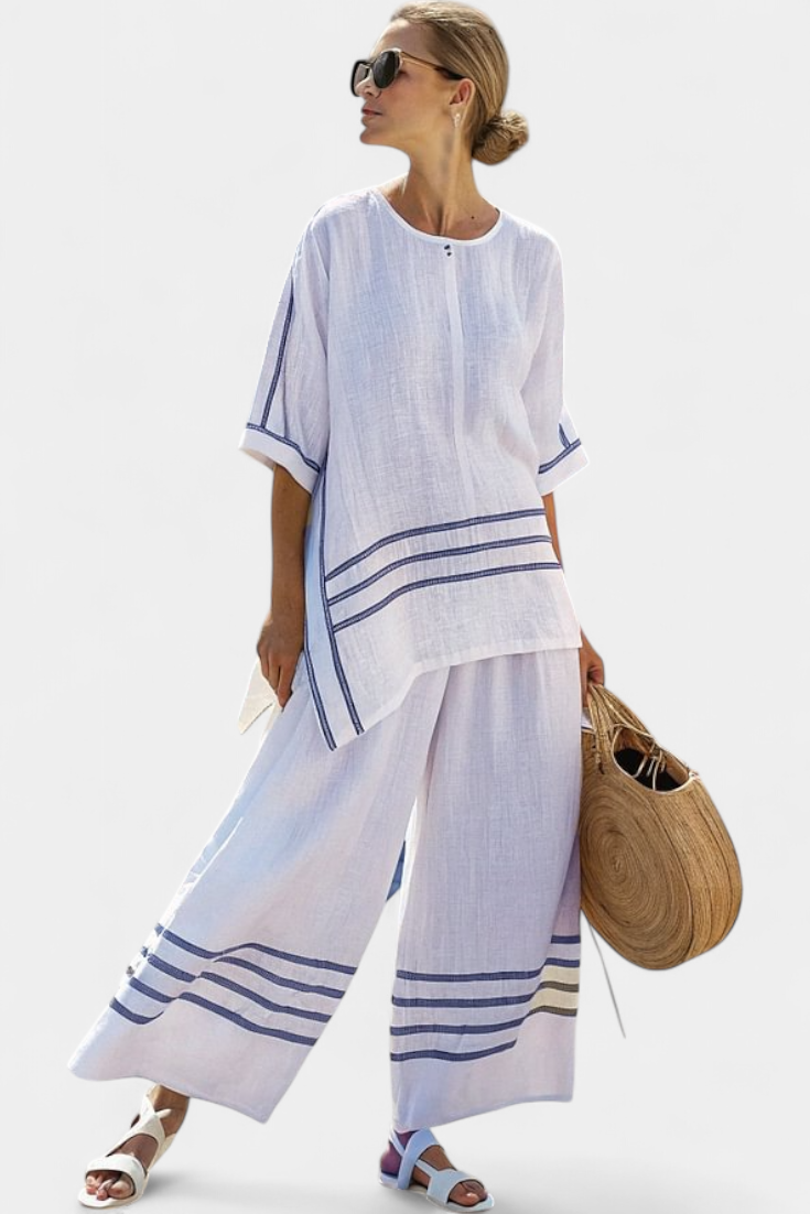Adrielle | Sophisticated Striped Asymmetrical Top & Bold Pants
