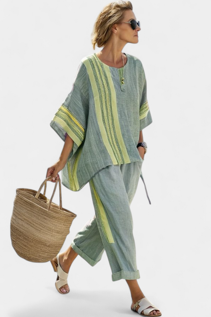 Isla | Elegant Lavender Top & Mustard Striped Pants