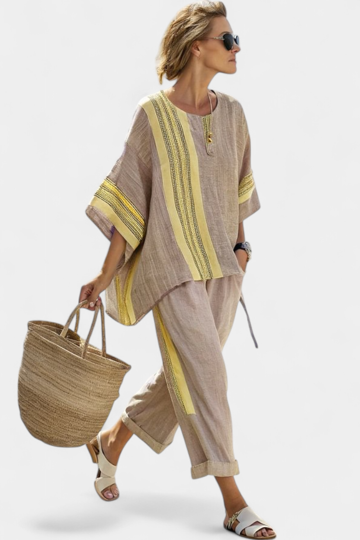 Isla | Elegant Lavender Top & Mustard Striped Pants