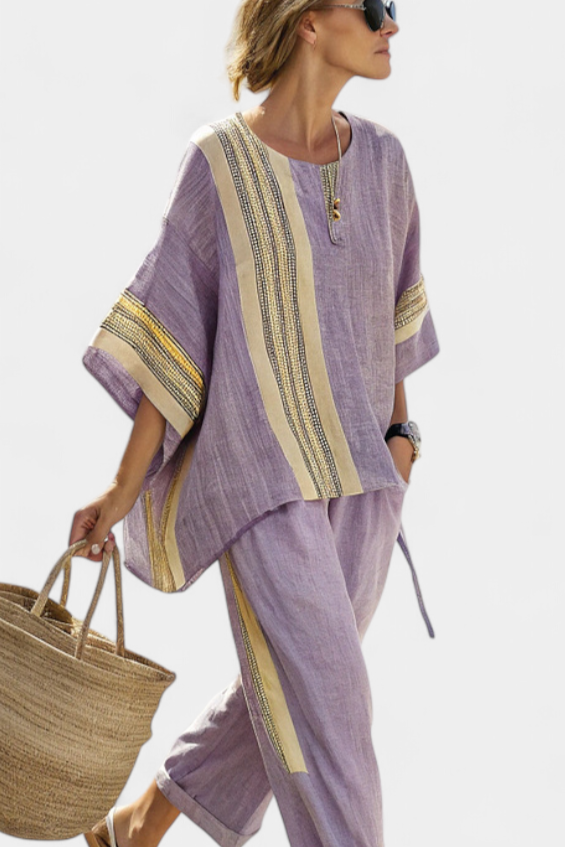 Isla | Elegant Lavender Top & Mustard Striped Pants