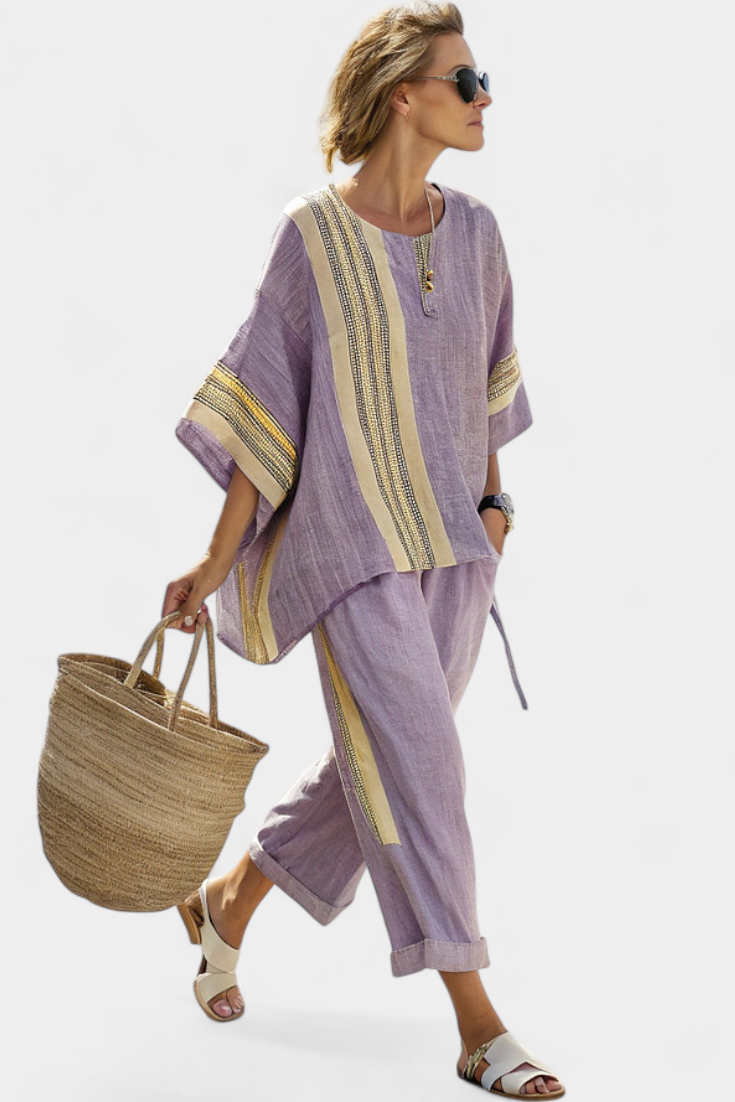 Isla | Elegant Lavender Top & Mustard Striped Pants