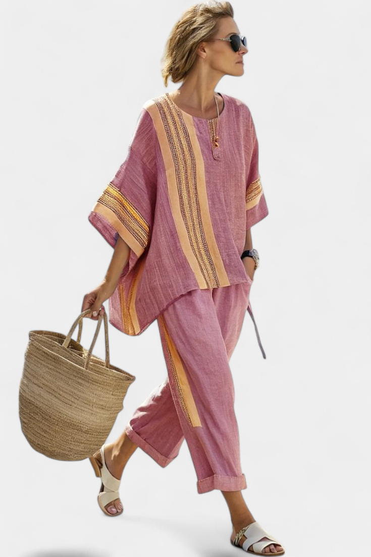 Isla | Elegant Lavender Top & Mustard Striped Pants