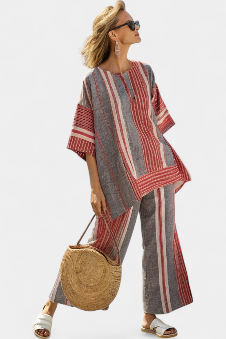 Annalise | Elegant Coral-Gray Linen Top & Wide-Leg Pants