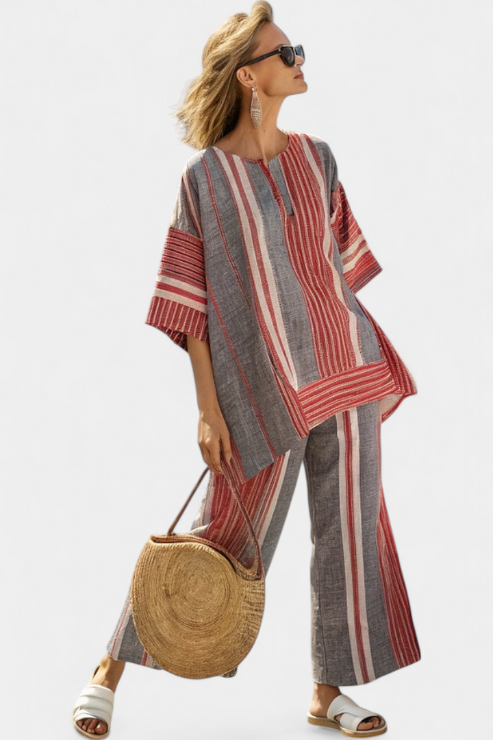 Annalise | Elegant Coral-Gray Linen Top & Wide-Leg Pants