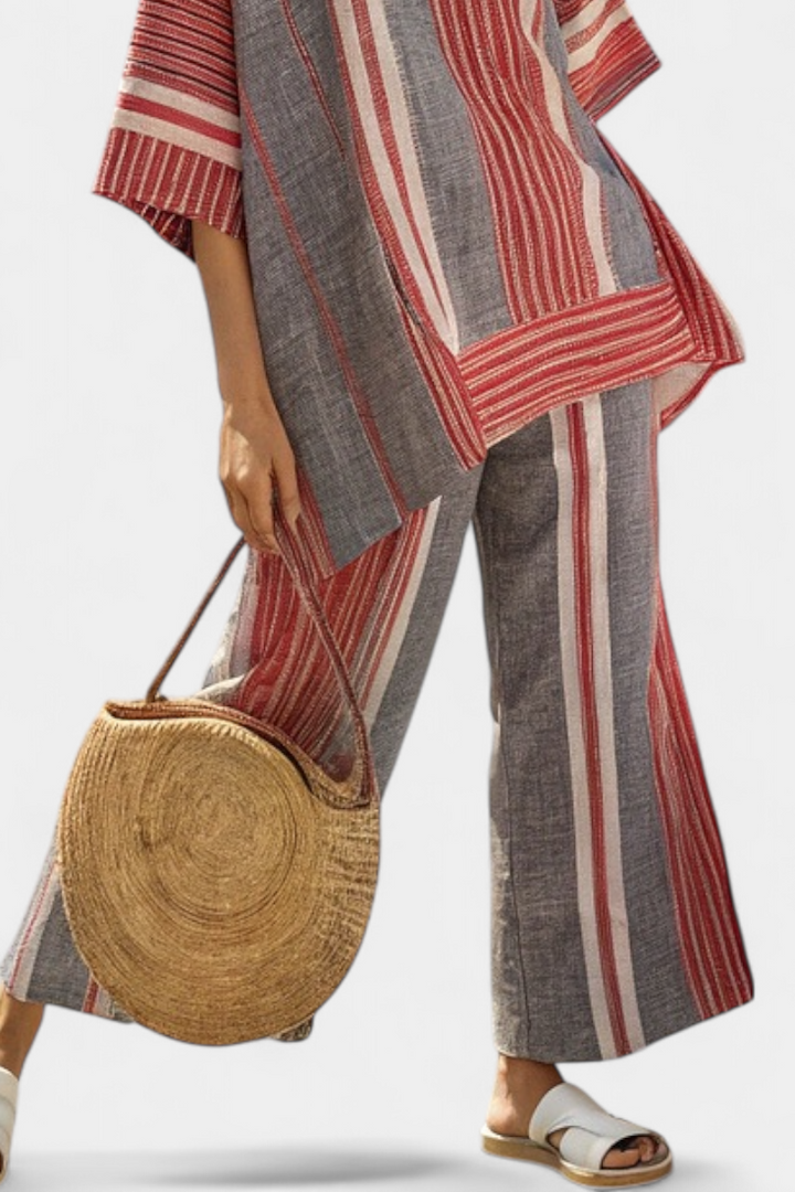 Annalise | Elegant Coral-Gray Linen Top & Wide-Leg Pants