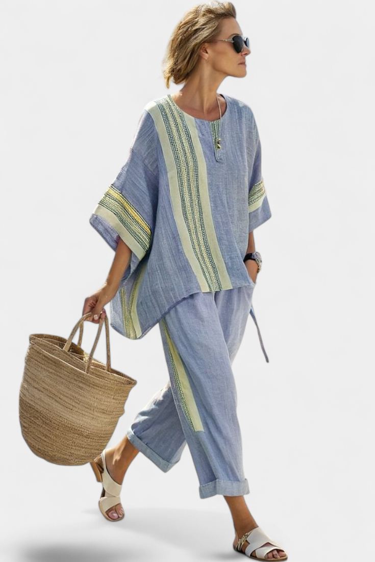 Isla | Elegant Lavender Top & Mustard Striped Pants