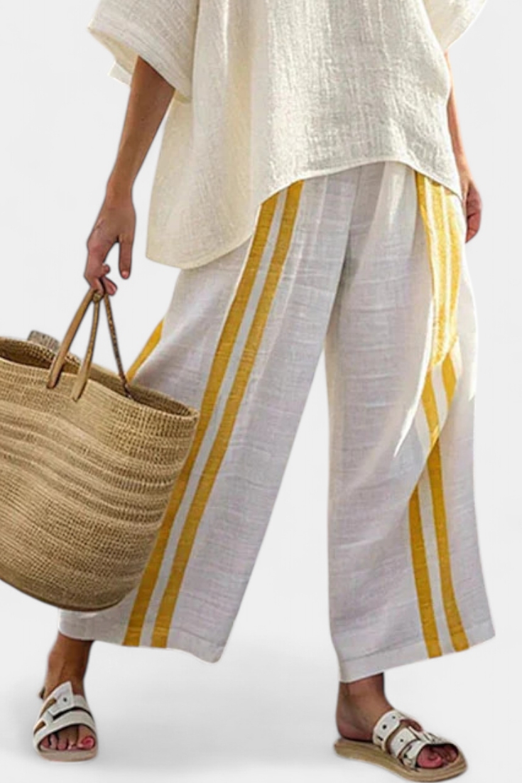 Freya | Elegant Yellow Striped Linen Top & Wide-Leg Pants