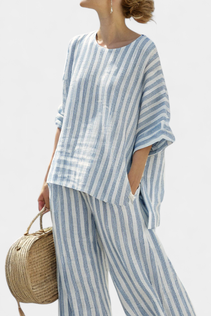 Talia | Sophisticated Blue Striped Linen Top & Relaxed Pants