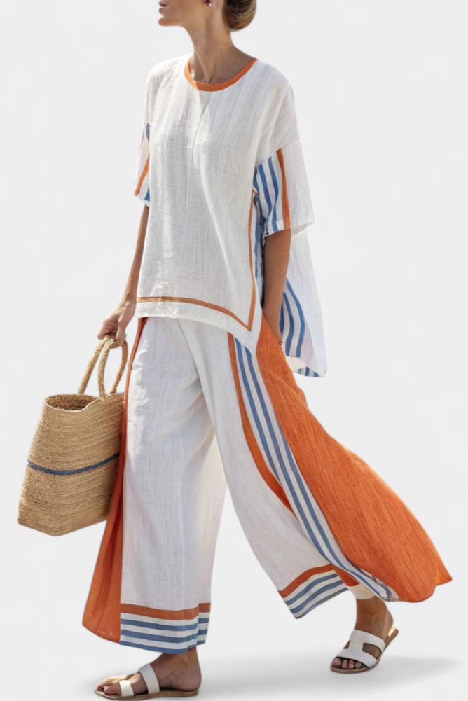 Natalia | Comfortable Wide-Leg Striped Pants & Linen Top