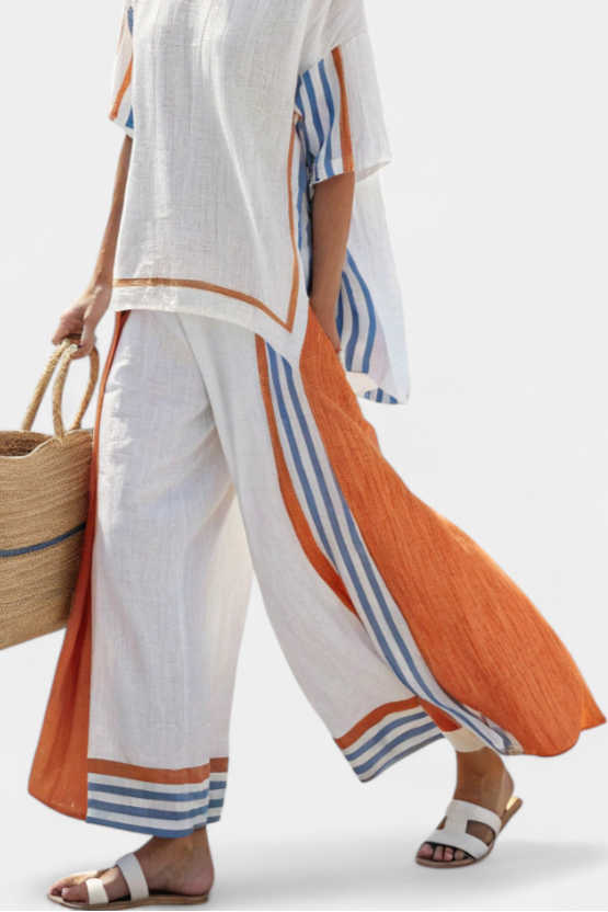 Natalia | Comfortable Wide-Leg Striped Pants & Linen Top