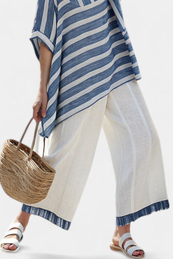 Alexa | Sophisticated Blue Striped Top & Hem-Detailed Pants