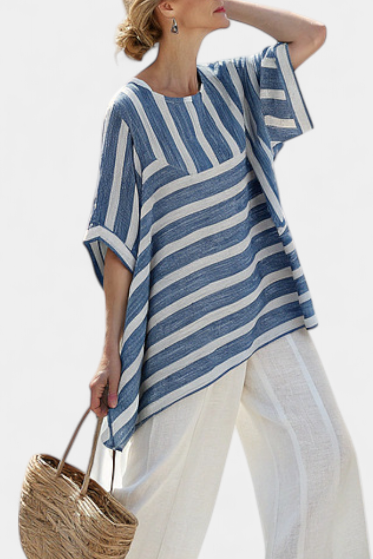 Alexa | Sophisticated Blue Striped Top & Hem-Detailed Pants