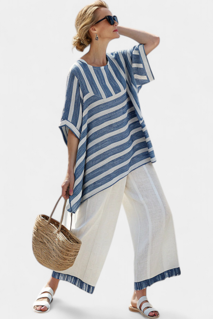 Alexa | Sophisticated Blue Striped Top & Hem-Detailed Pants