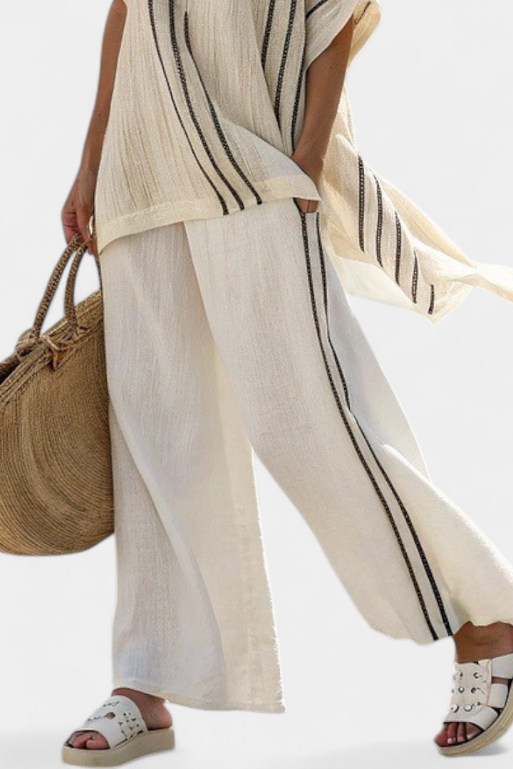 Marina | Elegant Ivory Linen Blouse & Black Striped Pants