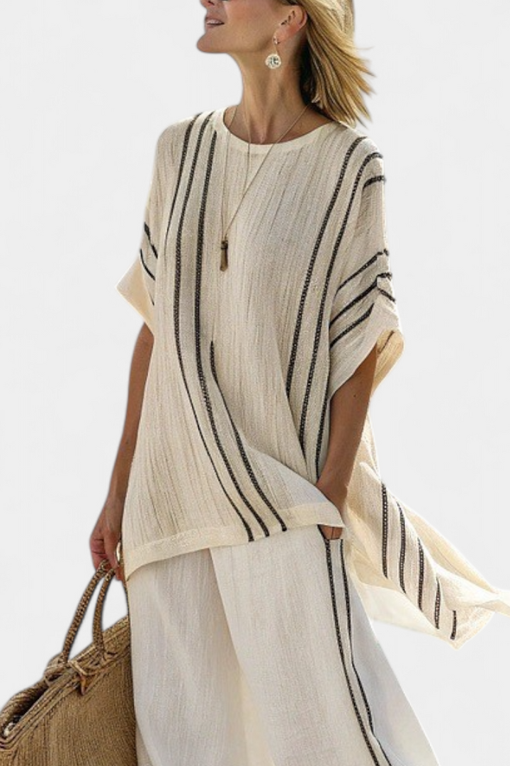 Marina | Elegant Ivory Linen Blouse & Black Striped Pants