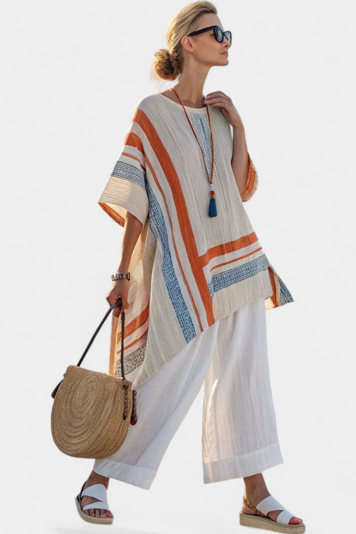 Angelina | Sophisticated Asymmetrical Blouse & Wide-Leg Linen Pants