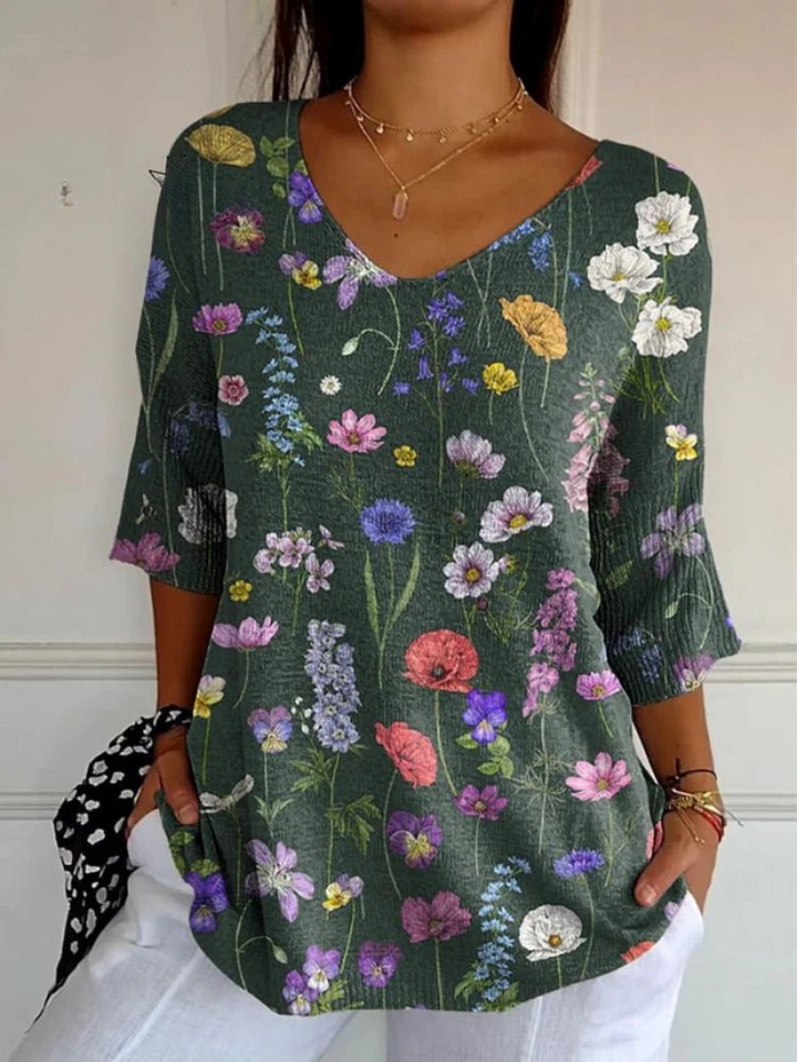 Natalie | Vibrant Spring Botanical Garden Pattern Printed Women's Casual Pullover Knit
