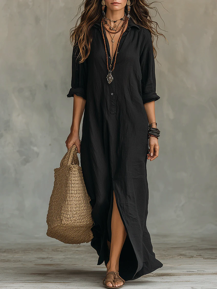Delores | Relaxed V-Neck Button Maxi Dress