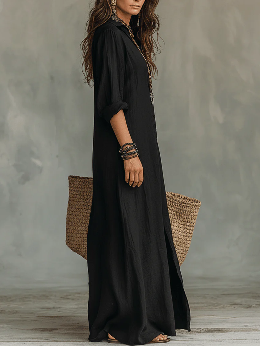 Delores | Relaxed V-Neck Button Maxi Dress