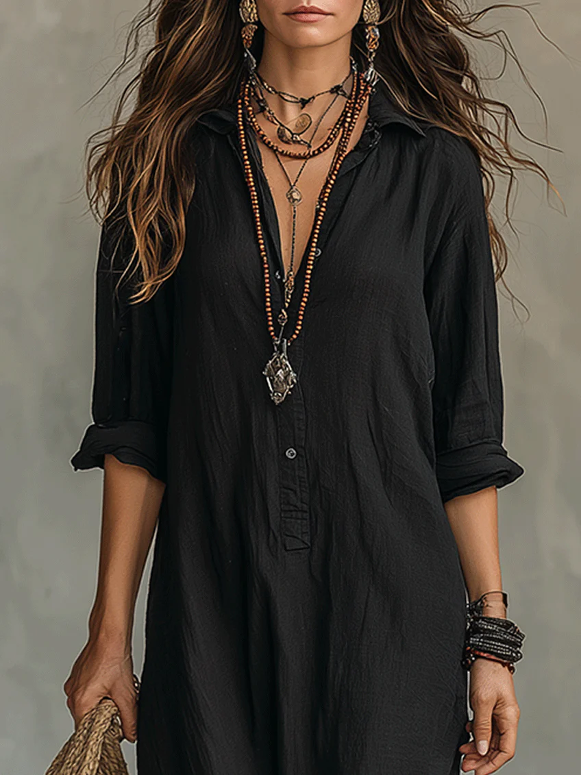 Delores | Relaxed V-Neck Button Maxi Dress