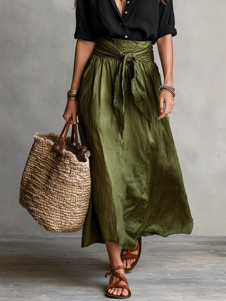 Vera | Two-Piece Set: Black T-Shirt and Olive Green Midi Skirt