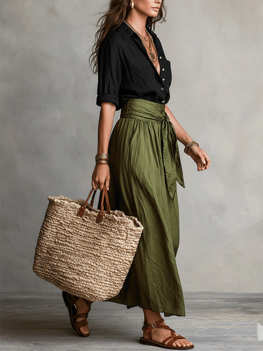 Vera | Two-Piece Set: Black T-Shirt and Olive Green Midi Skirt