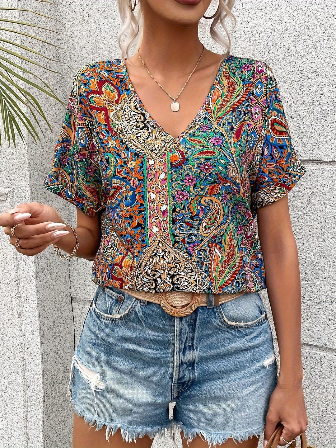 Jade | Chic Boho Print V-Neck Blouse