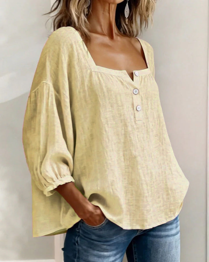 Arianne | Women's Square Neck Blouse 3/4 Puff Sleeve Button Top
