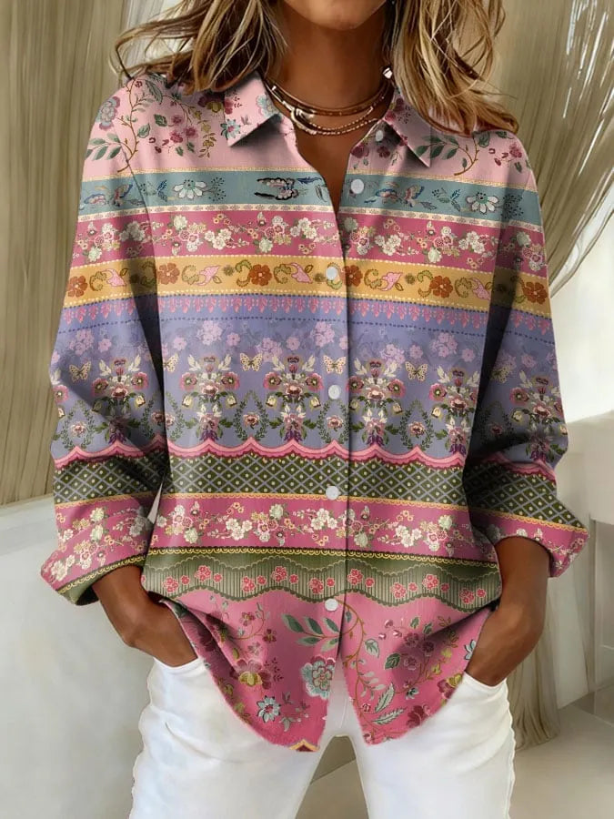 Daphne | Women's Vintage Pink Striped Floral Print Casual Lapel Shirt