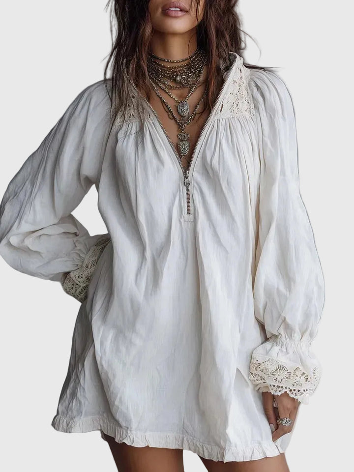 Carissa | Vintage-style Zip-up Collar Lace-trimmed White Mini Dress