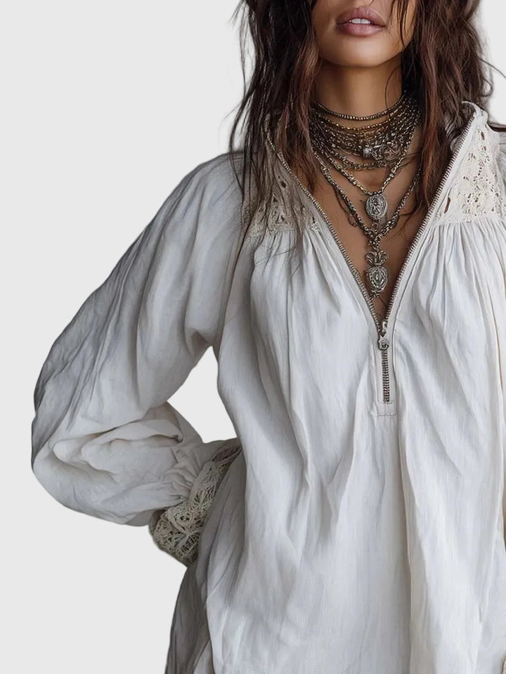 Carissa | Vintage-style Zip-up Collar Lace-trimmed White Mini Dress