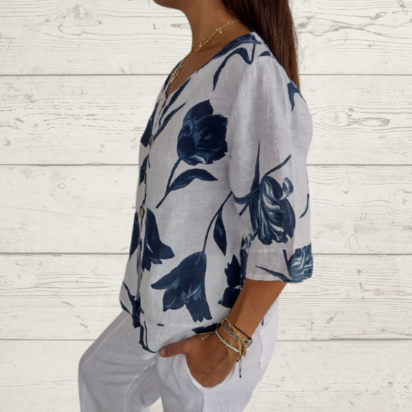 Despoina | Elegant Floral Print Top With Buttons