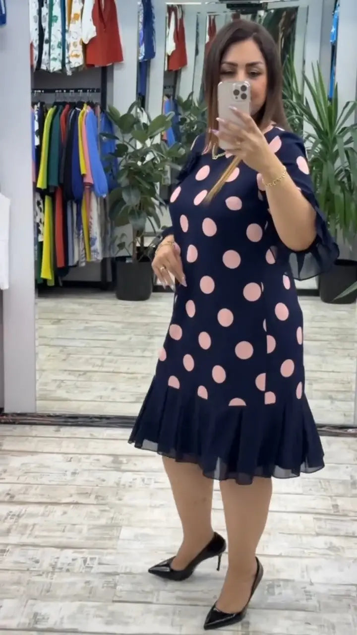 Odette | Soft Polka Dot Dress Flared Ruffle Hem Navy Pink