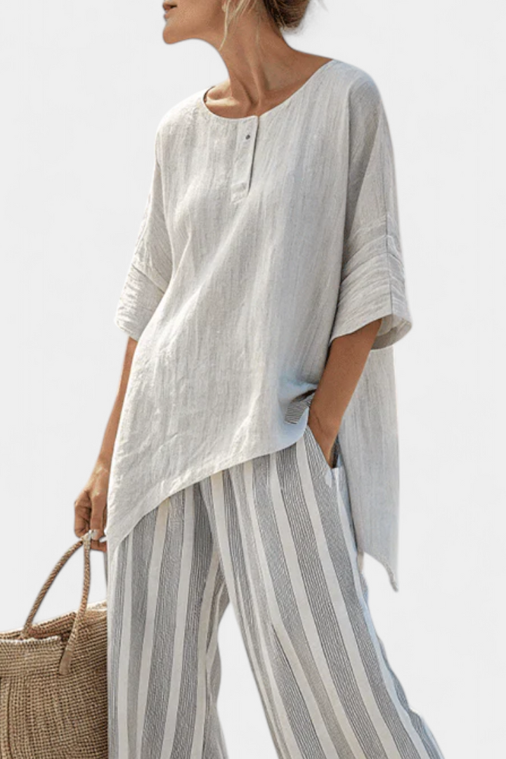 Vivian | Elegant Asymmetrical Blouse & Striped Pants