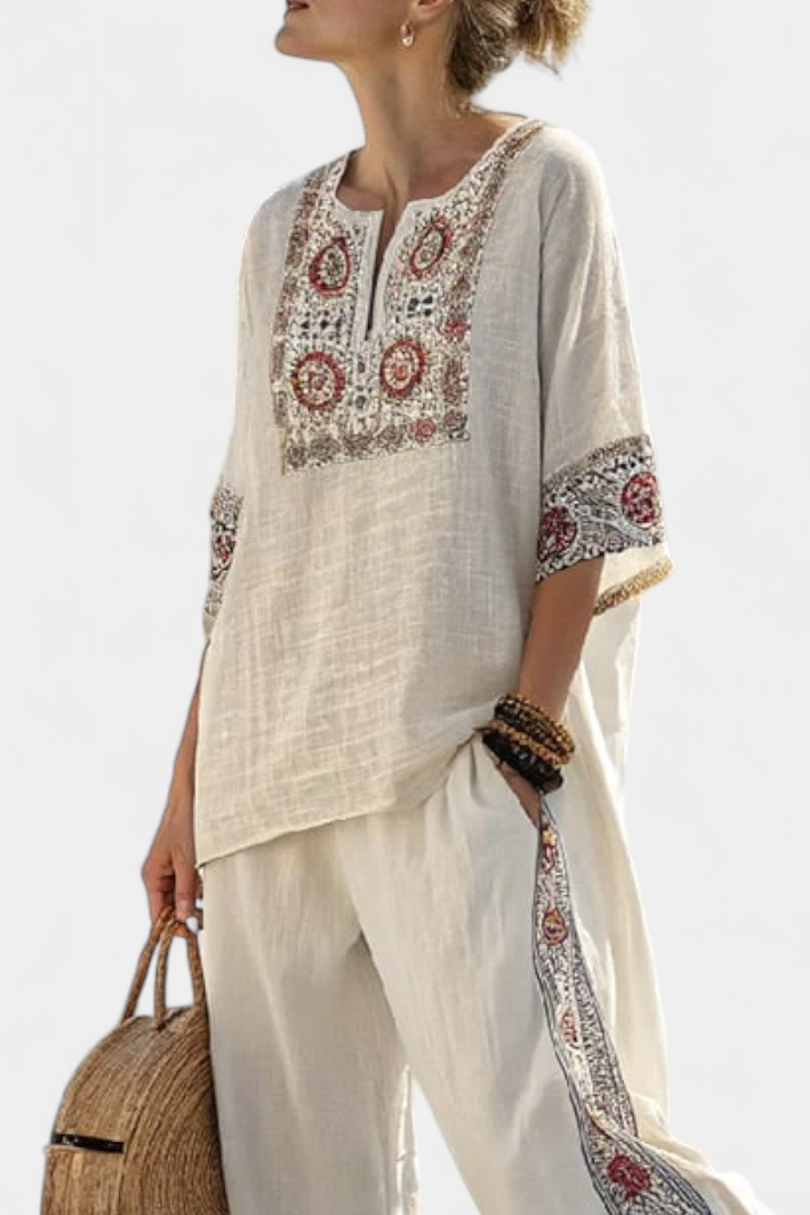 Amelie | Sophisticated Embroidered Raw Blouse & Wide Pants