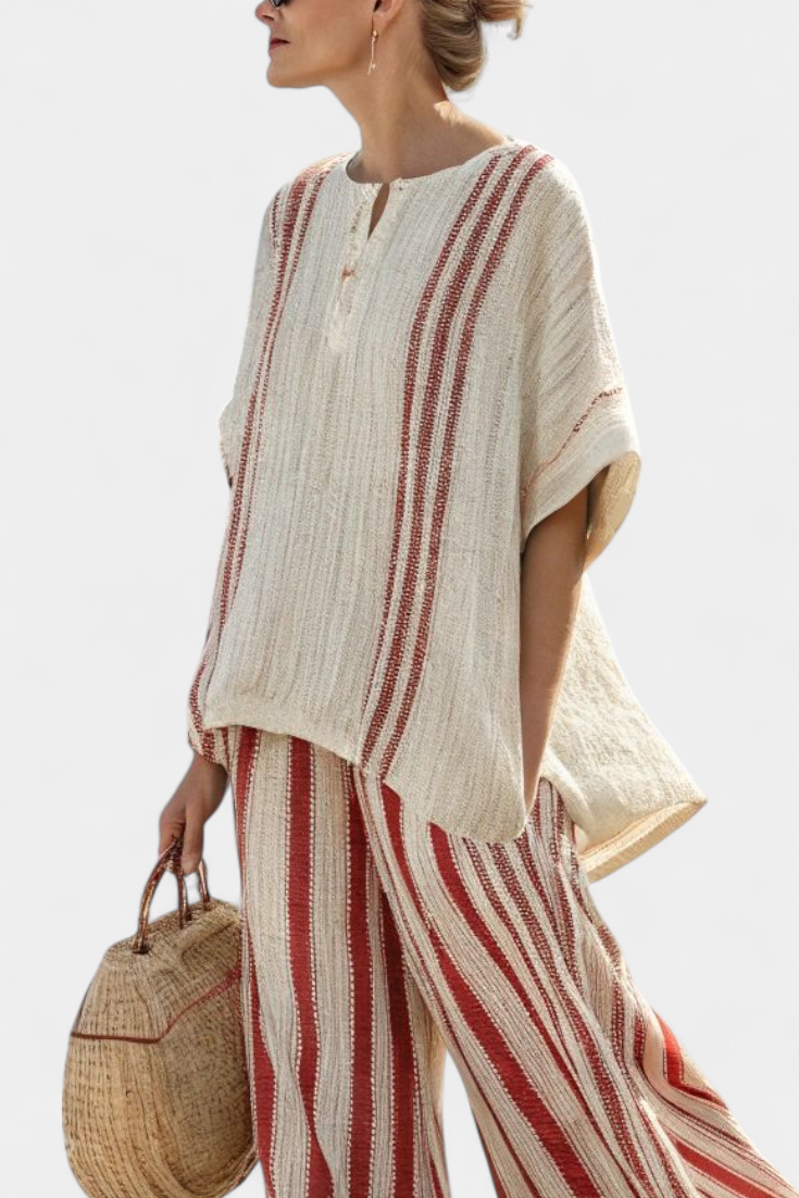 Kendall | Sophisticated Textured Red-Stripe Top & Linen Pants