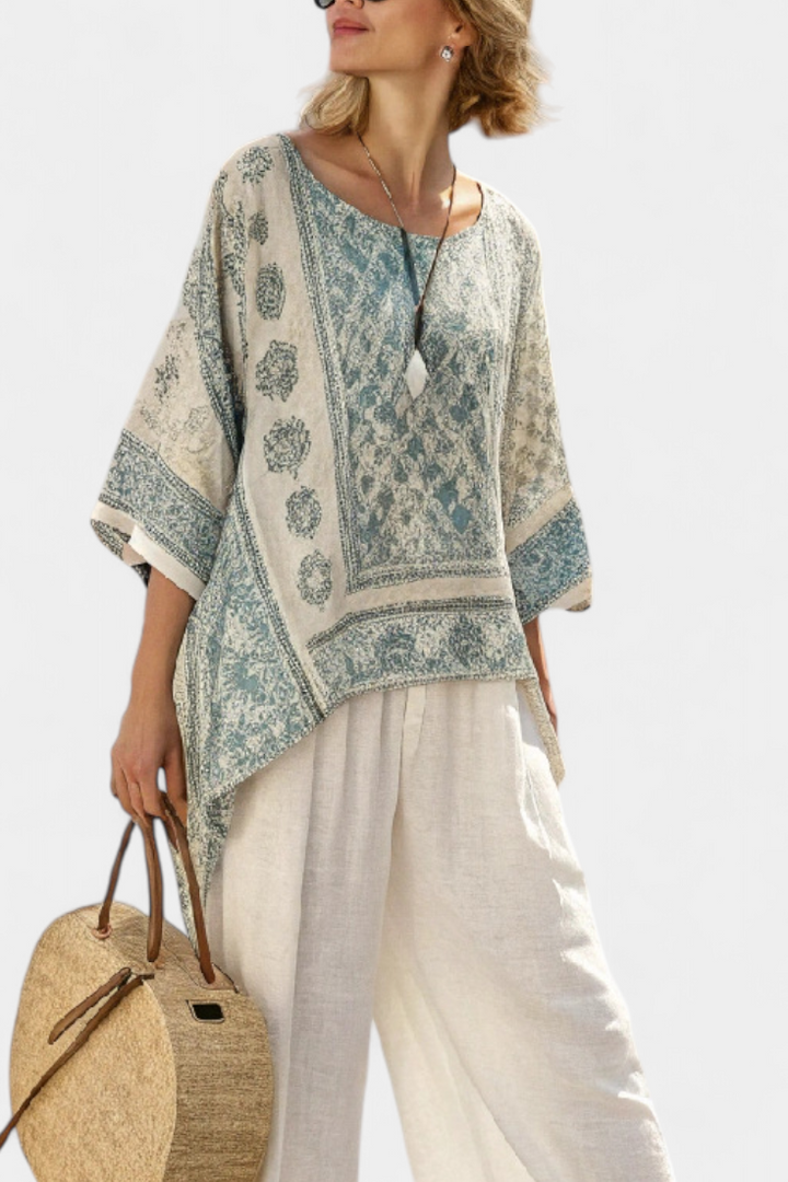 Eliza | Comfortable Printed Blouse & Wide-Leg White Pants