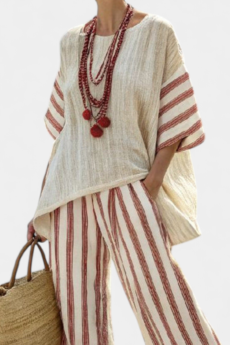 Helena | Elegant Rustic Striped Top & Cream Linen Pants