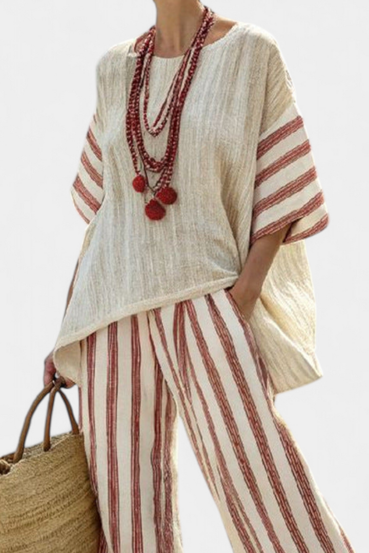 Helena | Elegant Rustic Striped Top & Cream Linen Pants