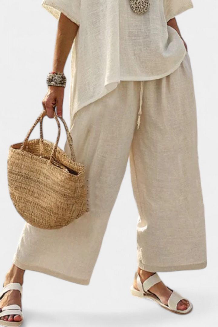 Rebecca | Comfortable Minimalist Raw Blouse & Wide-Leg Pants