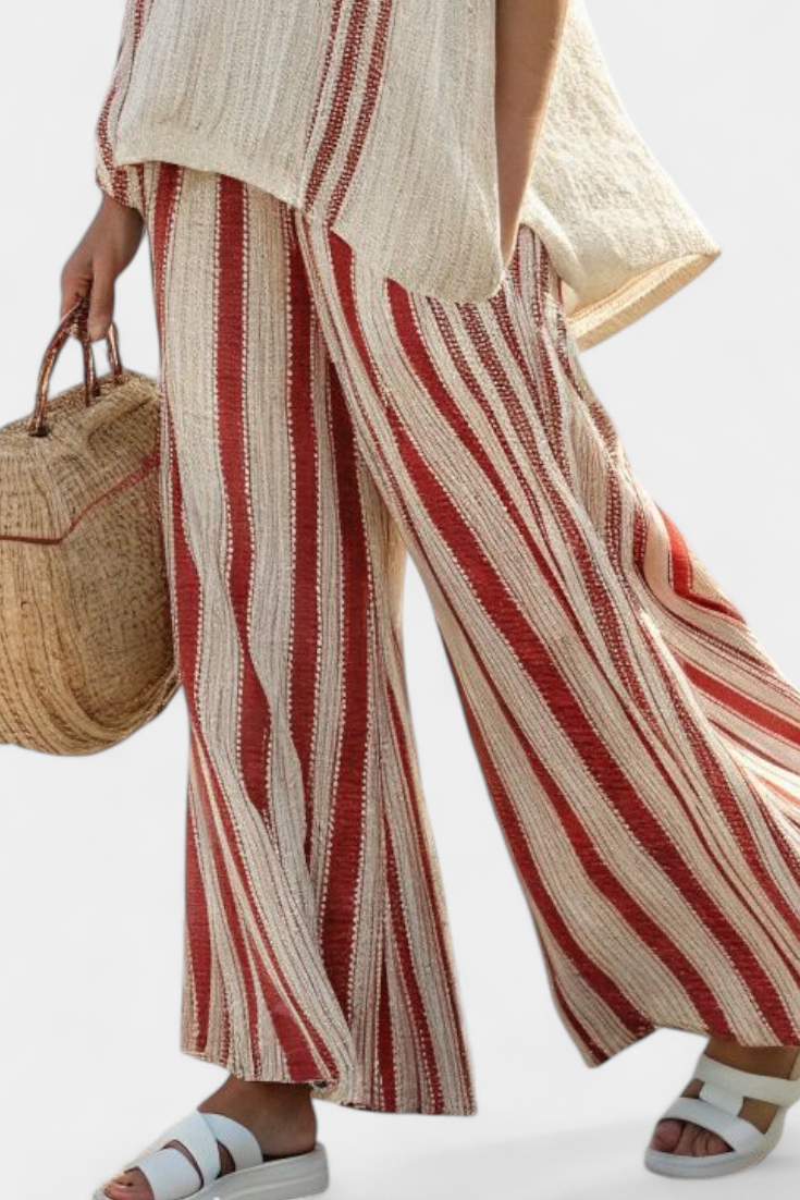 Kendall | Sophisticated Textured Red-Stripe Top & Linen Pants