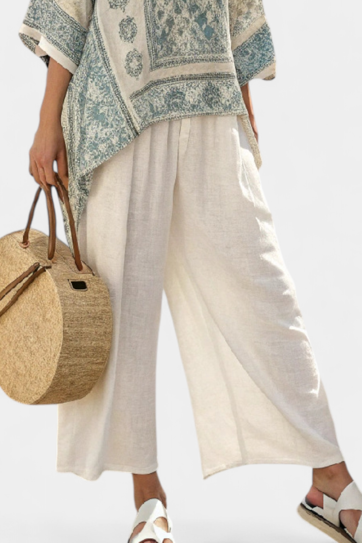 Eliza | Comfortable Printed Blouse & Wide-Leg White Pants